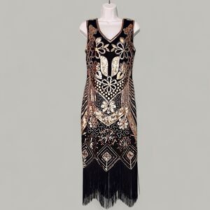 Retro Flapper Dress L Sequin Showgirl Black Fringe Roaring 20s Gatsby Burlesque